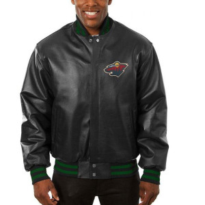  Varsity Minnesota Wild Black Leather Jacket