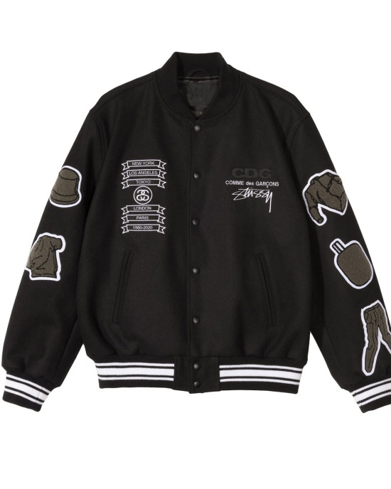 Asap Rocky Stussy CDG Black Wool Letterman Varsity Jacket Asap Rocky Stussy CDG Black Wool Letterman Varsity Jacket