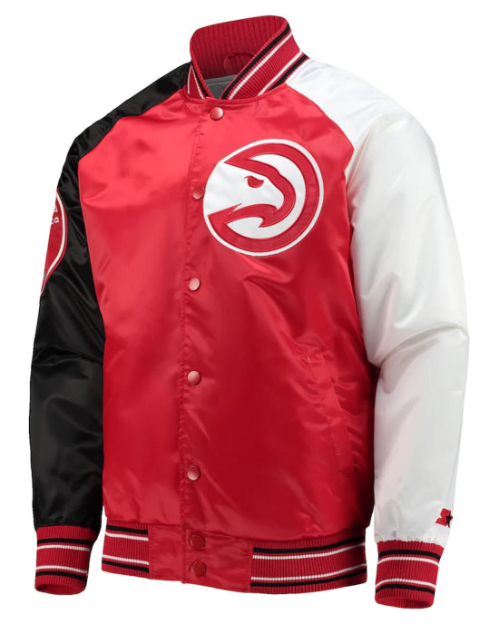 Atlanta Hawks Reliever Red/Black Satin Raglan Full-Snap Jacket Atlanta Hawks Reliever Red/Black Satin Raglan Full-Snap Jacket