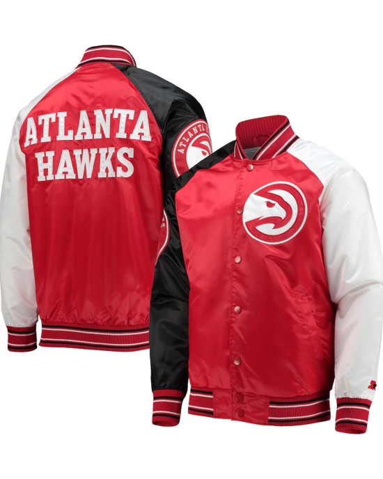 Atlanta Hawks Reliever Red/Black Satin Raglan Full-Snap Jacket Atlanta Hawks Reliever Red/Black Satin Raglan Full-Snap Jacket