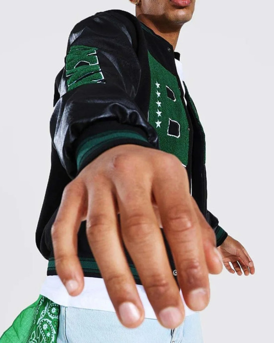 B Patch Varsity Bomber with Leather Look Sleeves B Patch Varsity Bomber with Leather Look Sleeves