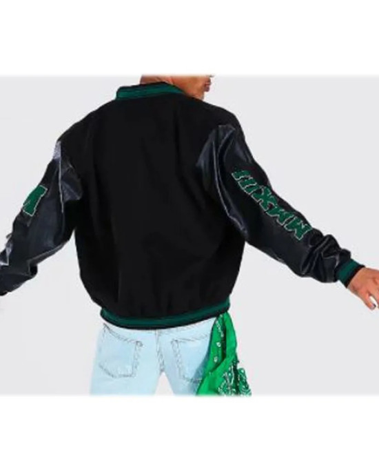 B Patch Varsity Bomber with Leather Look Sleeves B Patch Varsity Bomber with Leather Look Sleeves