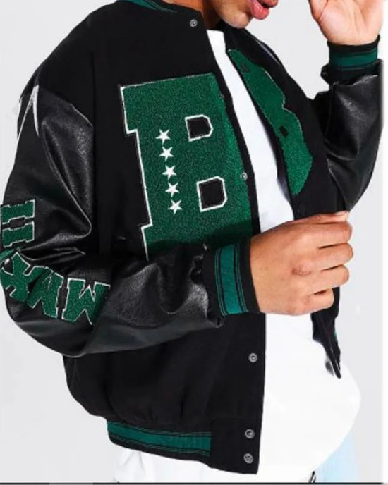 B Patch Varsity Bomber with Leather Look Sleeves B Patch Varsity Bomber with Leather Look Sleeves