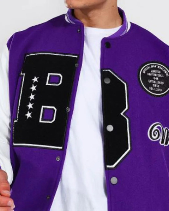 B Patch Varsity Bomber with Leather Look Sleeves B Patch Varsity Bomber with Leather Look Sleeves