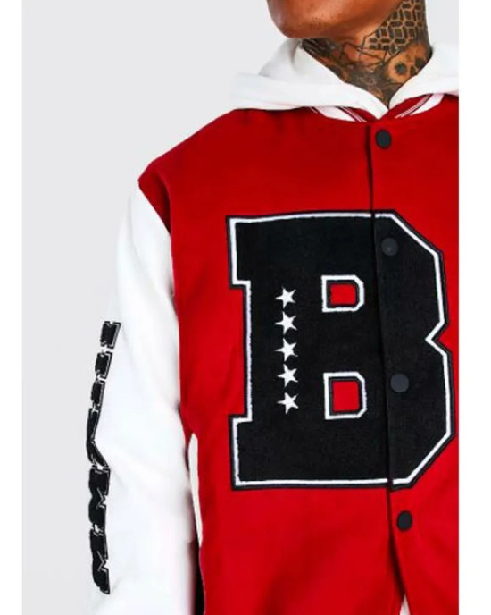 B Patch Varsity Bomber with Leather Look Sleeves B Patch Varsity Bomber with Leather Look Sleeves