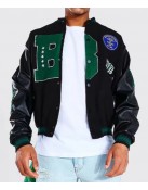 B Patch Varsity Bomber with Leather Look Sleeves