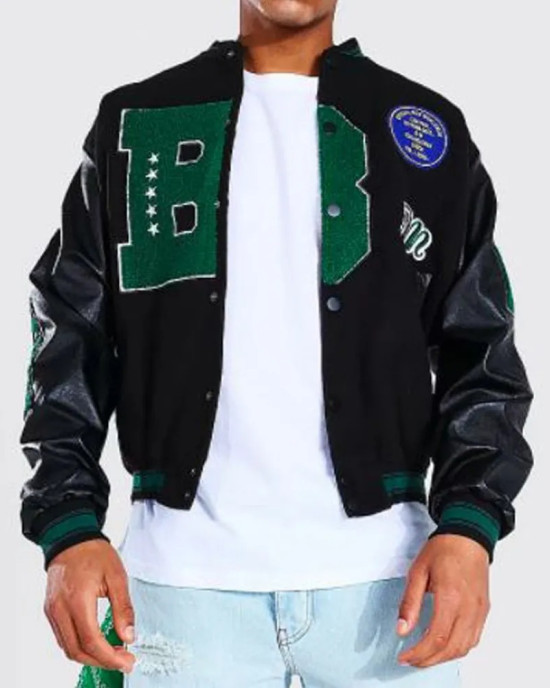 B Patch Varsity Bomber with Leather Look Sleeves B Patch Varsity Bomber with Leather Look Sleeves