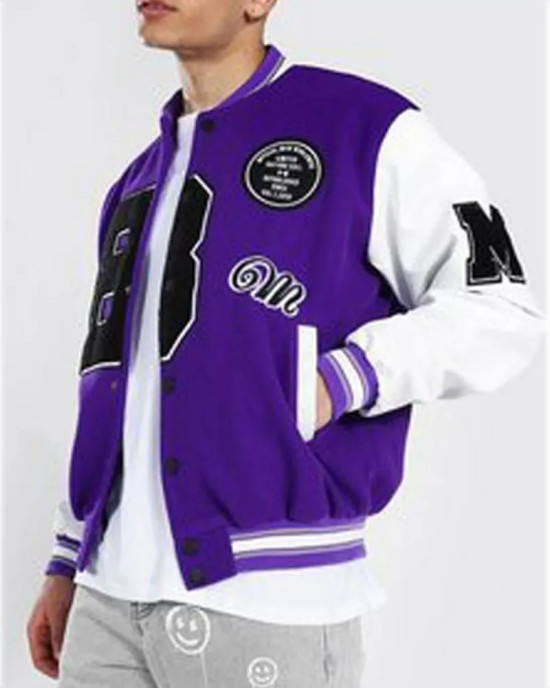 B Patch Varsity Bomber with Leather Look Sleeves B Patch Varsity Bomber with Leather Look Sleeves