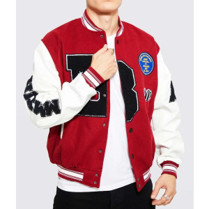 B Patch Varsity Bomber with Leather Look Sleeves