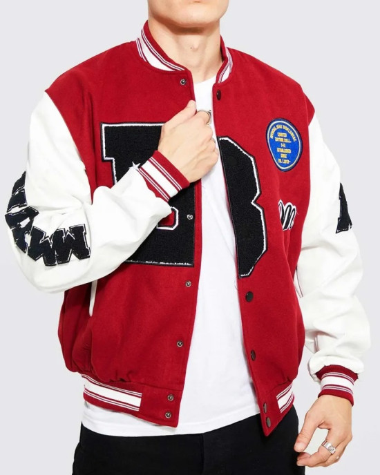 B Patch Varsity Bomber with Leather Look Sleeves B Patch Varsity Bomber with Leather Look Sleeves