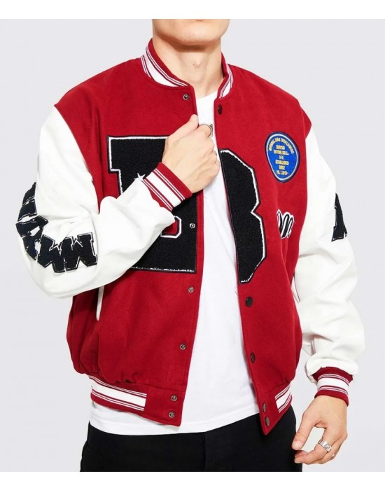 B Patch Varsity Bomber with Leather Look Sleeves