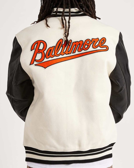 Baltimore Orioles Black and Off-White Varsity Jacket Baltimore Orioles Black and Off-White Varsity Jacket