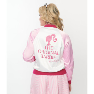 Barbie x Unique Vintage Pink Satin Bomber Jacket - Chic & Exclusive