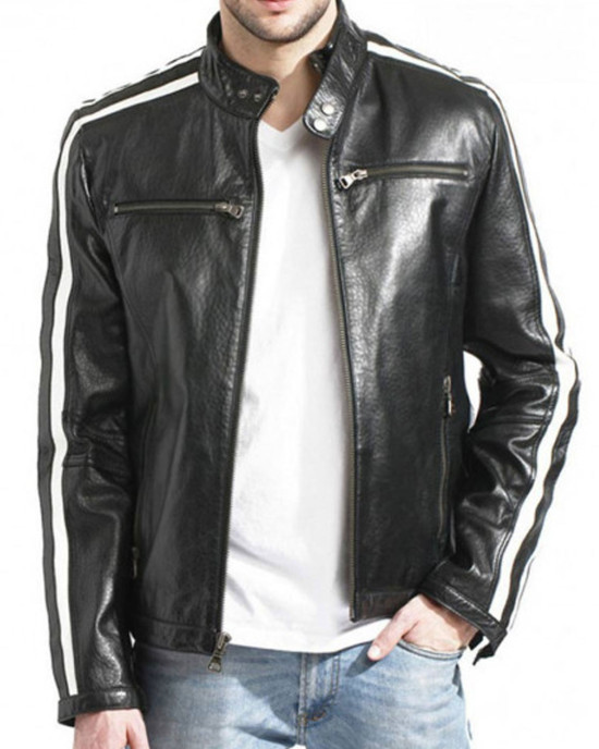 Biker Men’s White Stripes Black Leather Jacket Biker Men’s White Stripes Black Leather Jacket
