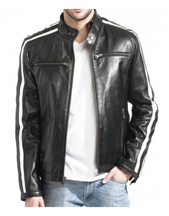 Biker Men’s White Stripes Black Leather Jacket