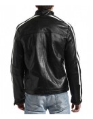 Biker Men’s White Stripes Black Leather Jacket