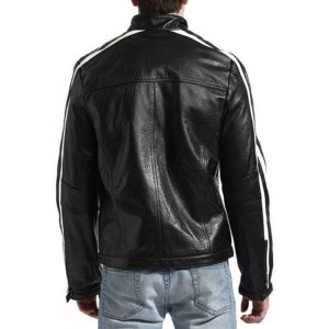 Biker Men’s White Stripes Black Leather Jacket