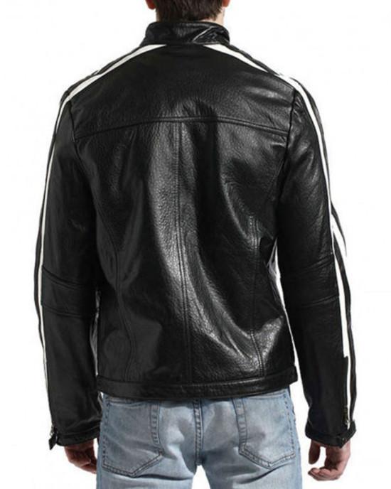 Biker Men’s White Stripes Black Leather Jacket Biker Men’s White Stripes Black Leather Jacket