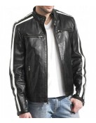 Biker Men’s White Stripes Black Leather Jacket