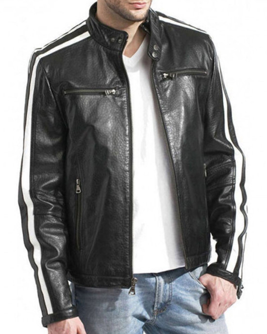 Biker Men’s White Stripes Black Leather Jacket Biker Men’s White Stripes Black Leather Jacket