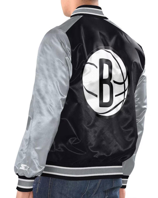 Black/Silver Brooklyn Nets Renegade Varsity Satin Jacket