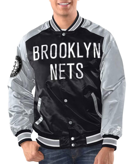 Black/Silver Brooklyn Nets Renegade Varsity Satin Jacket
