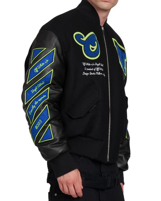 Black Varsity Hammer Wool And Leather Bomber Jacket Black Varsity Hammer Wool And Leather Bomber Jacket