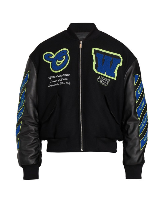 Black Varsity Hammer Wool And Leather Bomber Jacket Black Varsity Hammer Wool And Leather Bomber Jacket