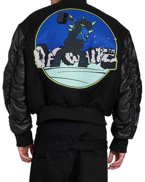 Black Varsity Hammer Wool And Leather Bomber Jacket Black Varsity Hammer Wool And Leather Bomber Jacket