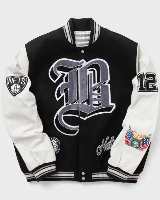 Brooklyn Nets 12 Letterman Black Wool and Leather Jacket