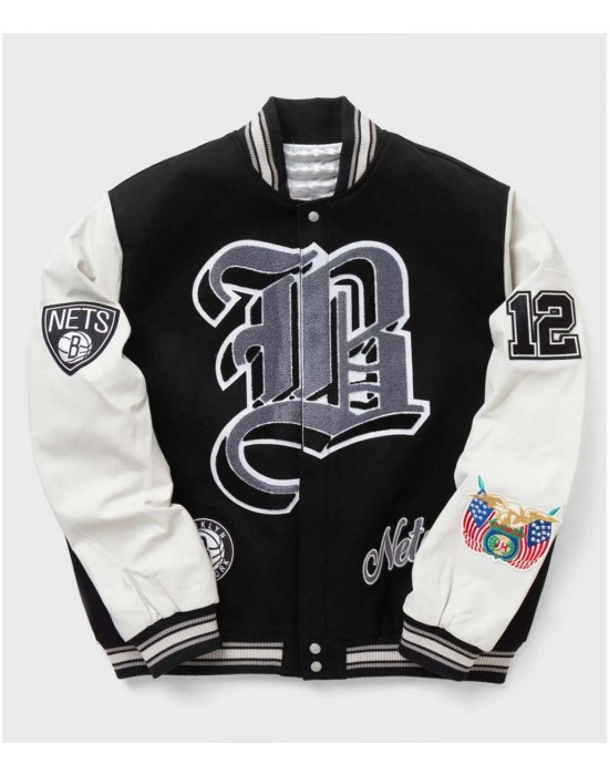 Brooklyn Nets 12 Letterman Black Wool and Leather Jacket