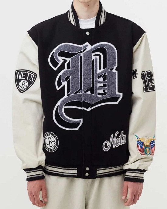 Brooklyn Nets 12 Letterman Black Wool and Leather Jacket