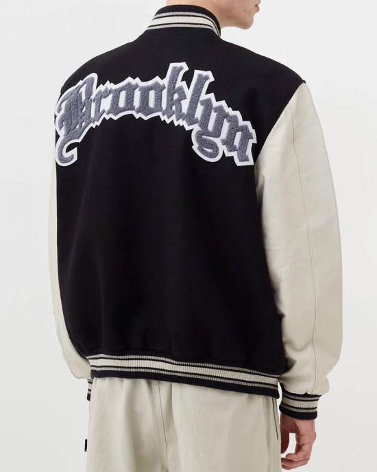 Brooklyn Nets 12 Letterman Black Wool and Leather Jacket