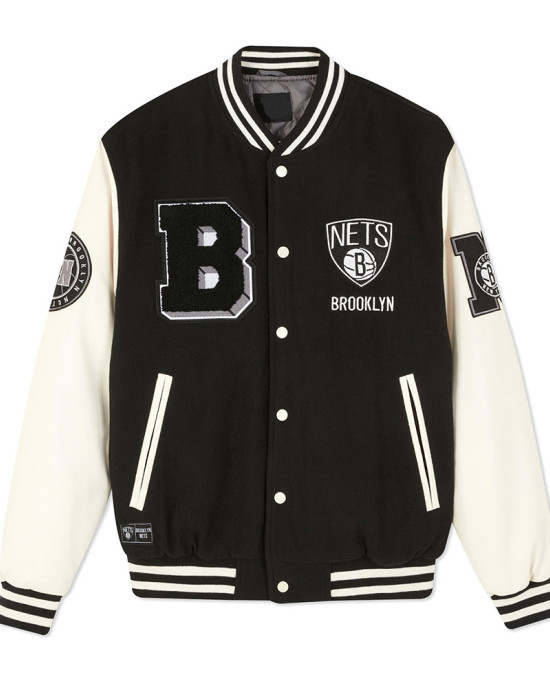 Brooklyn Nets Varsity Black and Off White Jacket Brooklyn Nets Varsity Black and Off White Jacket