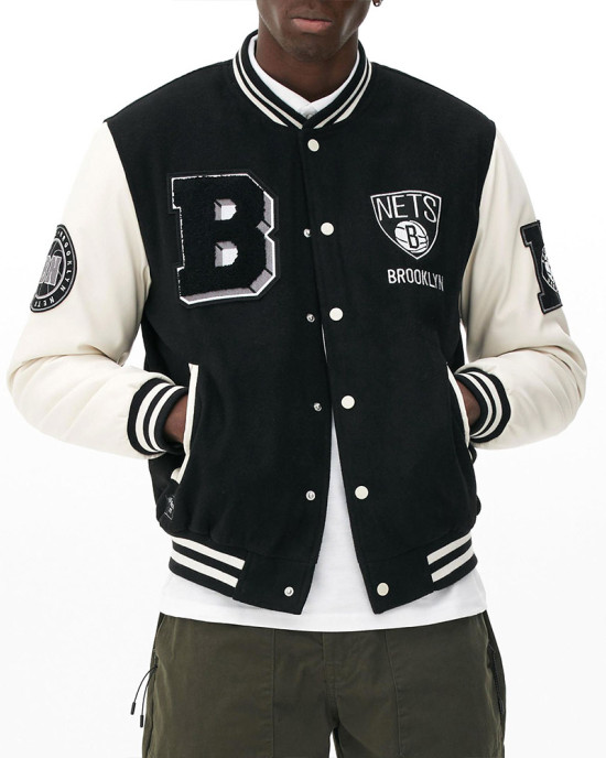 Brooklyn Nets Varsity Black and Off White Jacket Brooklyn Nets Varsity Black and Off White Jacket