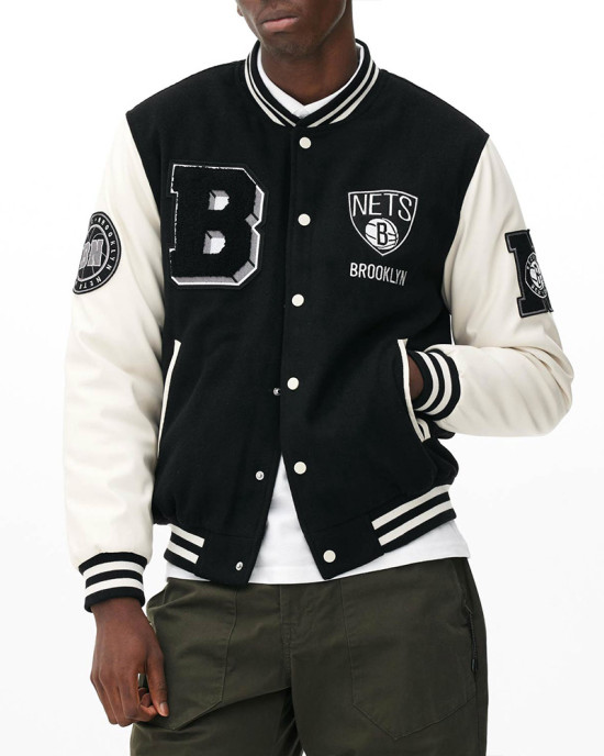 Brooklyn Nets Varsity Black and Off White Jacket Brooklyn Nets Varsity Black and Off White Jacket