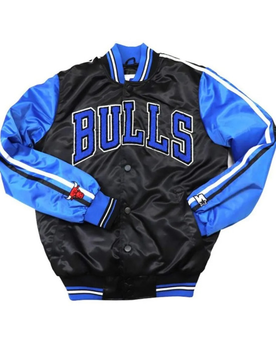 Chicago Bulls Black and Blue Varsity Satin Jacket Chicago Bulls Black and Blue Varsity Satin Jacket