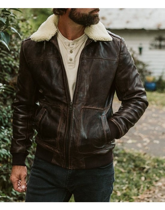 Choco Brown Leather Bomber Jacket