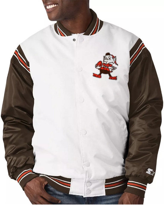 Cleveland Browns Historic Renegade White/Brown Satin Varsity Jacket