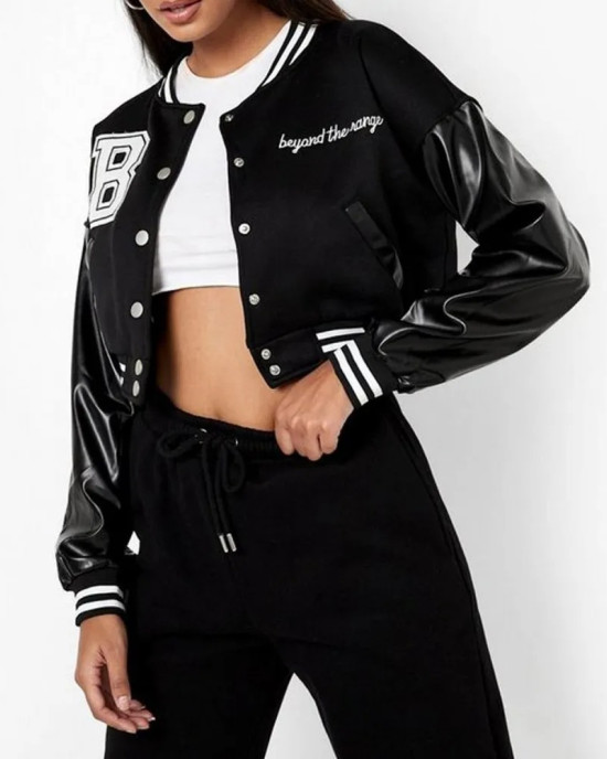 Cropped Beyond The Range Black Varsity Jacket Cropped Beyond The Range Black Varsity Jacket