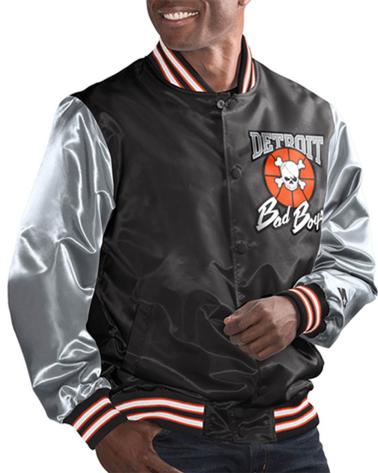 Detroit Bad Boys Black and Gray Varsity Satin Jacket Detroit Bad Boys Black and Gray Varsity Satin Jacket