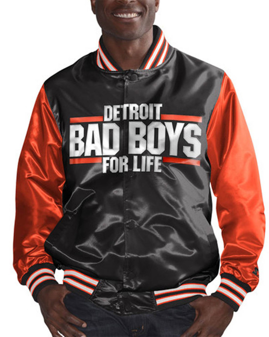 Detroit Bad Boys Black and Orange Varsity Satin Jacket Detroit Bad Boys Black and Orange Varsity Satin Jacket