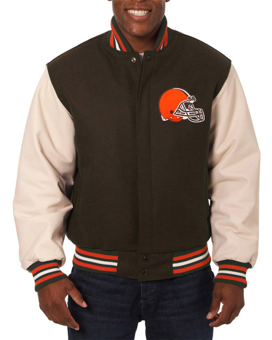 Domestic Cleveland Browns Varsity Brown and Cream Jacket Domestic Cleveland Browns Varsity Brown and Cream Jacket
