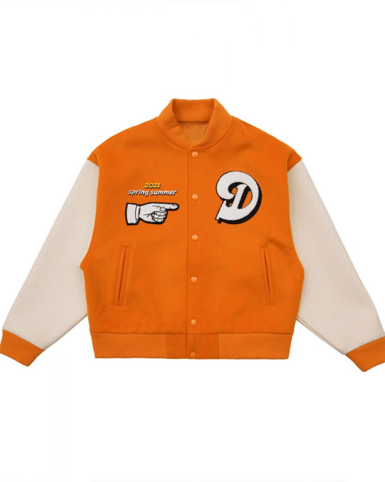 Doncare Legs Orange and White Varsity Jacket Doncare Legs Orange and White Varsity Jacket