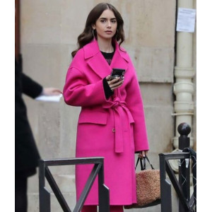 Emily in Paris Lily Collins Pink Wool Belted Coat