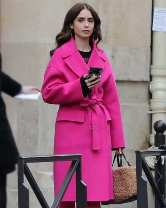 Emily in Paris Lily Collins Pink Wool Belted Coat Emily in Paris Lily Collins Pink Wool Belted Coat