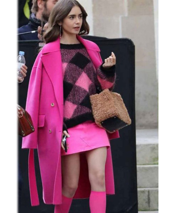 Emily in Paris Lily Collins Pink Wool Belted Coat Emily in Paris Lily Collins Pink Wool Belted Coat