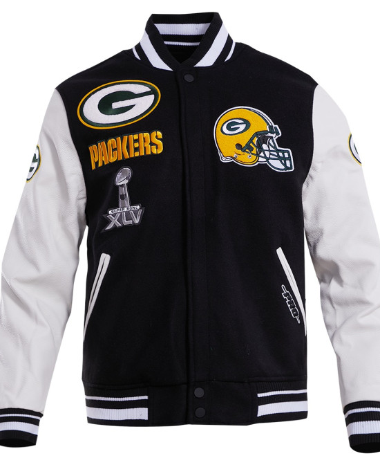 Green Bay Packers Black & White Wool Varsity Jacket Green Bay Packers Black & White Wool Varsity Jacket