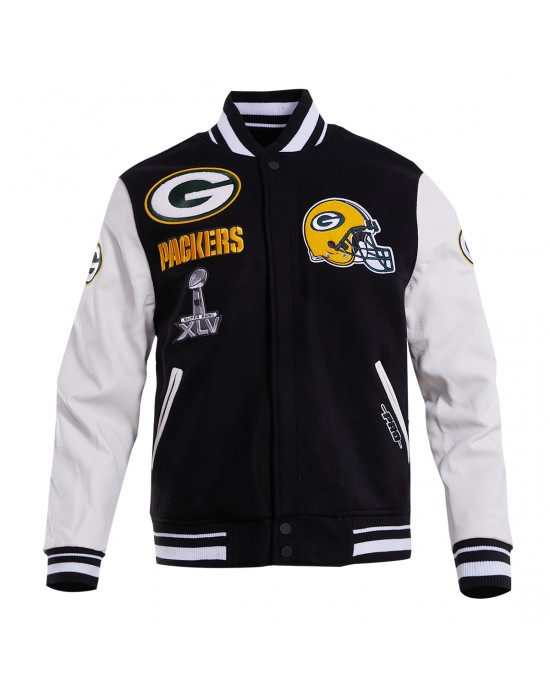 Green Bay Packers Black & White Wool Varsity Jacket