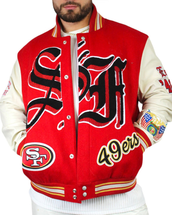 JH San Francisco 49ers Red and Off White Varsity Jacket JH San Francisco 49ers Red and Off White Varsity Jacket